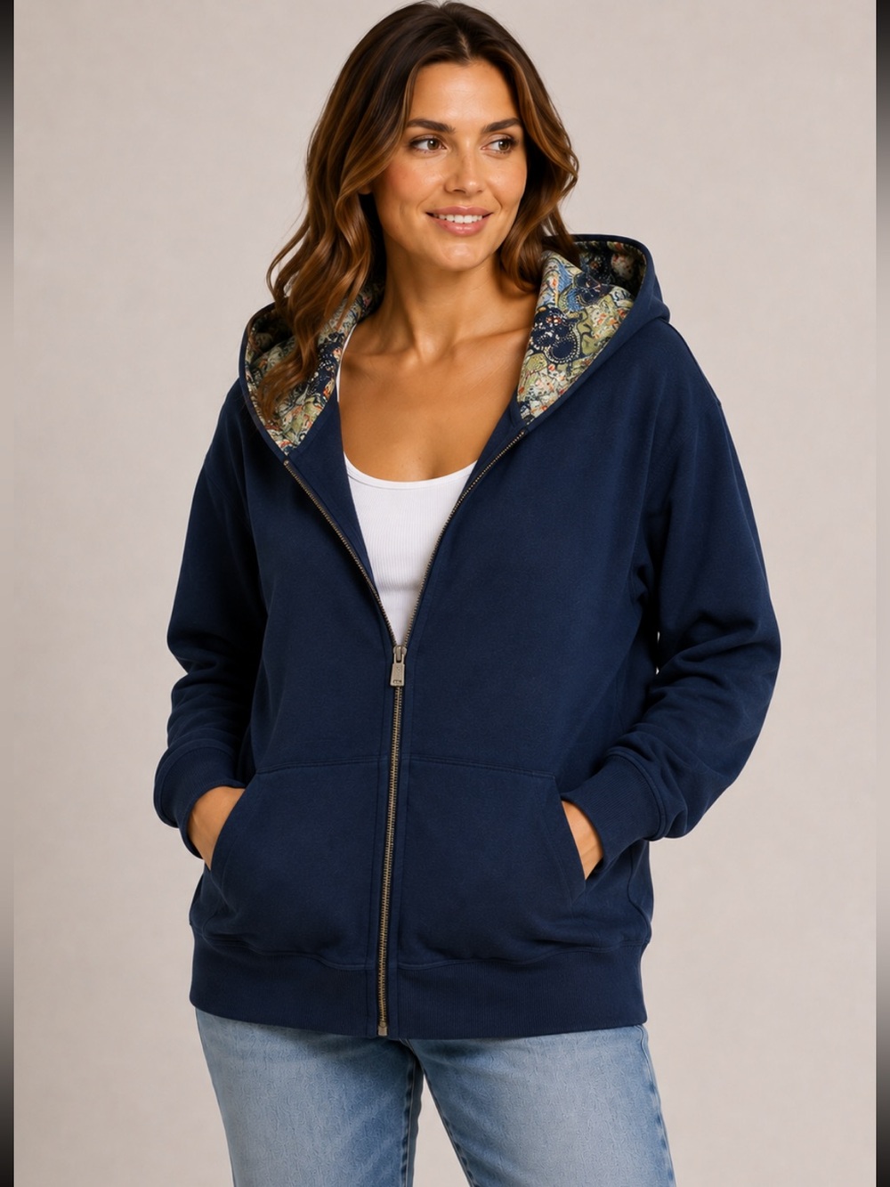 #341 Nilla Shields Y2K Navy Floral Zip Hoodie Jacket XL Boho Cotton